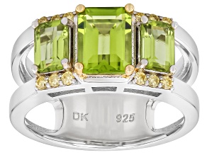 Green Peridot with Moissanite Rhodium and 18K Yellow Gold Over Silver Ring 2.45ctw