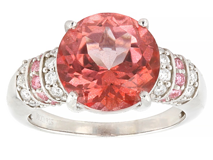 Padparadscha Color Topaz Rhodium Over Sterling Silver Ring 5.66ctw