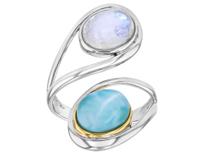 Blue Larimar with Rainbow Moonstone Rhodium and 18K Yellow Gold Over Sterling Silver Ring