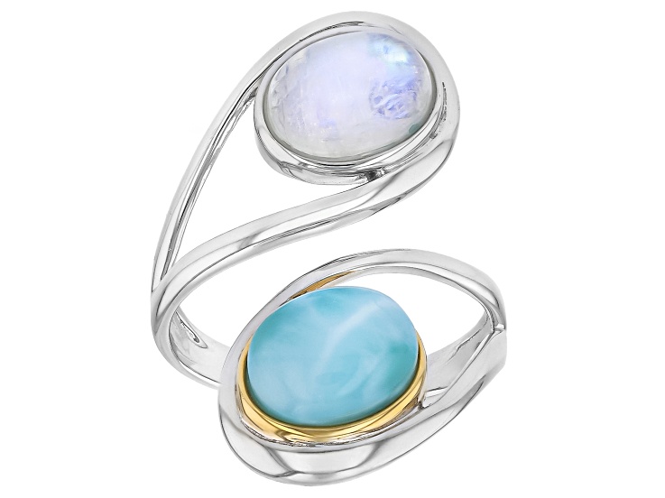Blue Larimar with Rainbow Moonstone Rhodium and 18K Yellow Gold Over Sterling Silver Ring