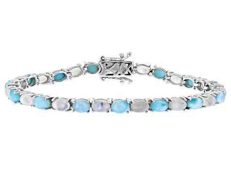 Blue Larimar with Rainbow Moonstone Rhodium Over Sterling Silver Bracelet