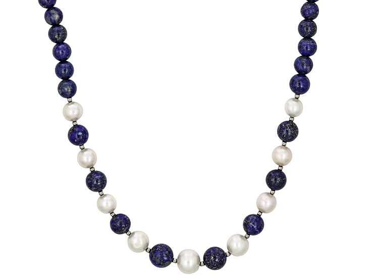 Blue Lapis Lazuli with White Cultured Freshwater Pearl Rhodium Over Sterling Silver Beaded Necklace