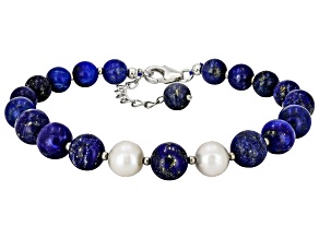 Blue Lapis Lazuli with White Fresh Water Pearl Rhodium Over Sterling Silver Beaded Bracelet