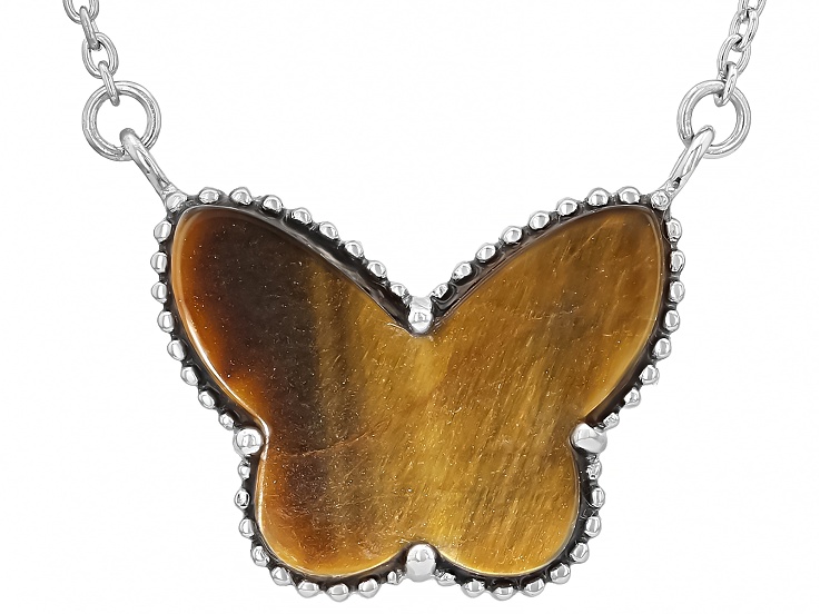 Brown Tiger's Eye with White Mother-Of-Pearl Rhodium Over Sterling Silver Reversable Necklace