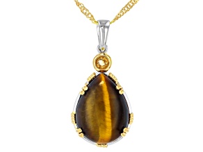 Brown Tiger's Eye Rhodium and 18K Yellow Gold Over Sterling Silver Pendant with Chain 0.08ctw