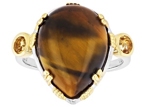 Brown Tiger's Eye with Yellow Citrine Rhodium and 18K Yellow Gold Over Sterling Silver Ring 0.17ctw