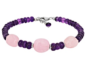 Pink Morganite With Purple Amethyst Rhodium Over Sterling Silver Beaded Bracelet