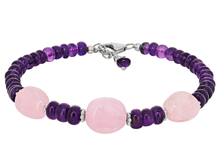 Pink Morganite With Purple Amethyst Rhodium Over Sterling Silver Beaded Bracelet