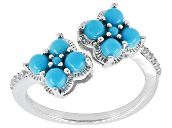 Picture of Blue Sleeping Beauty Turquoise with White Zircon Rhodium Over Sterling Silver Ring 0.10ctw