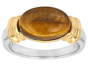 Brown Tiger's Eye Rhodium and 18K Yellow Gold Over Sterling Silver Two-Tone Ring