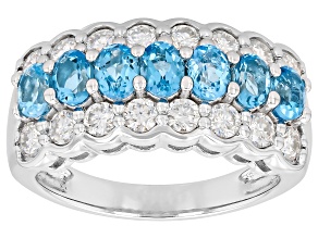 Swiss Blue Topaz with White Moissanite Rhodium Over Sterling 325 Silver Ring 1.84ctw