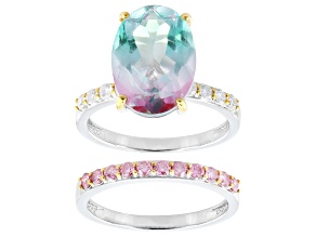 Bi-Color Watermelon Topaz Rhodium and 18K Yellow Gold Over Sterling Silver Ring 5.71ctw
