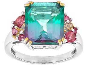 Bi-Color Watermelon Topaz Rhodium Over Sterling Silver Ring 6.89ctw