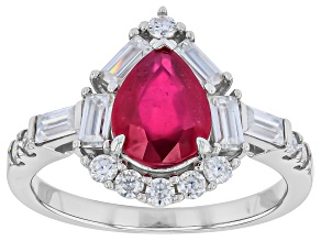 Red Mahaleo® Ruby With White Moissanite Rhodium Over Sterling Silver Ring 2.79ctw