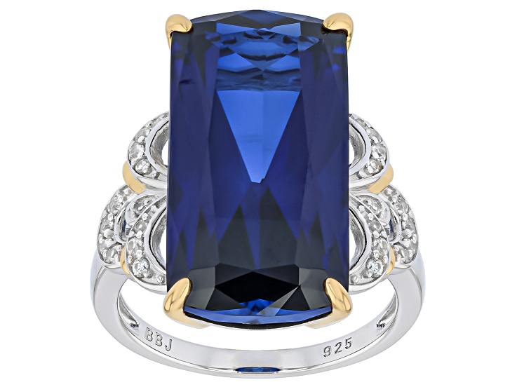 Blue Lab Created Sapphire with White Zircon Rhodium & 18K Yellow Gold Over Silver Ring 18.27ctw