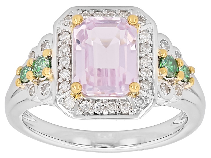 Pink Kunzite With Green & White Moissanite Rhodium Over Sterling Silver Two Tone Ring 2.90ctw