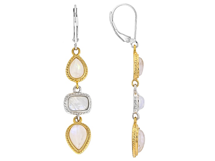 Rainbow Moonstone Rhodium and 18k Yellow Gold Over Sterling Silver Earrings