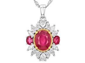 Mahaleo Ruby with White Moissanite Rhodium Over Sterling Silver Two-Tone Pendant/Chain 3.83ctw