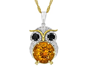 Mandarin Color Topaz Rhodium Over Sterling Silver Two-Tone Owl Pendant with Chain 8.28ctw