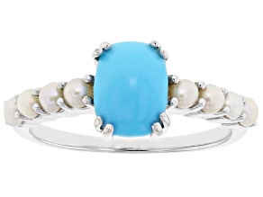 Sleeping Beauty Turquoise with Cultured Freshwater Pearl Rhodium Over Sterling Silver Ring