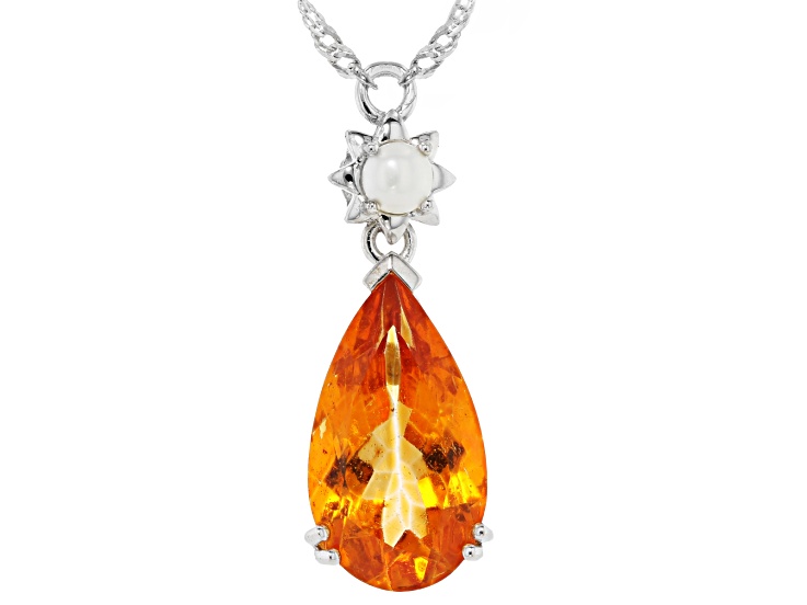 Mandarin Orange Topaz with White Cultured Freshwater Pearl Rhodium Ove Silver Necklace 6.30ctw