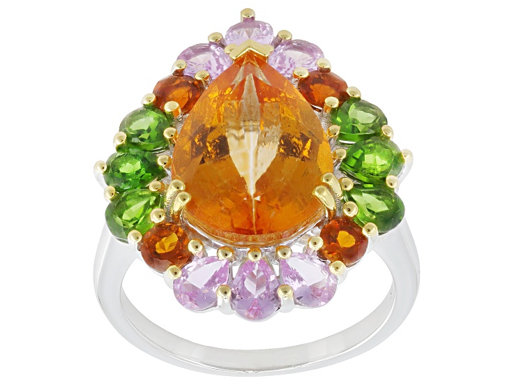 Mandarin Orange Topaz Rhodium and 18K Yellow Gold Over Sterling Silver Ring 7.43ctw