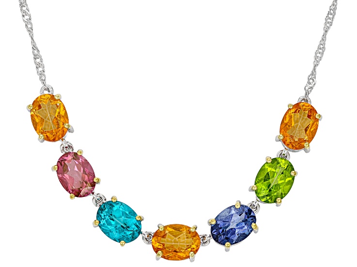 Multi Color Multi Topaz Rhodium and 18K Yellow Gold Over Sterling Silver Necklace 9.11ctw