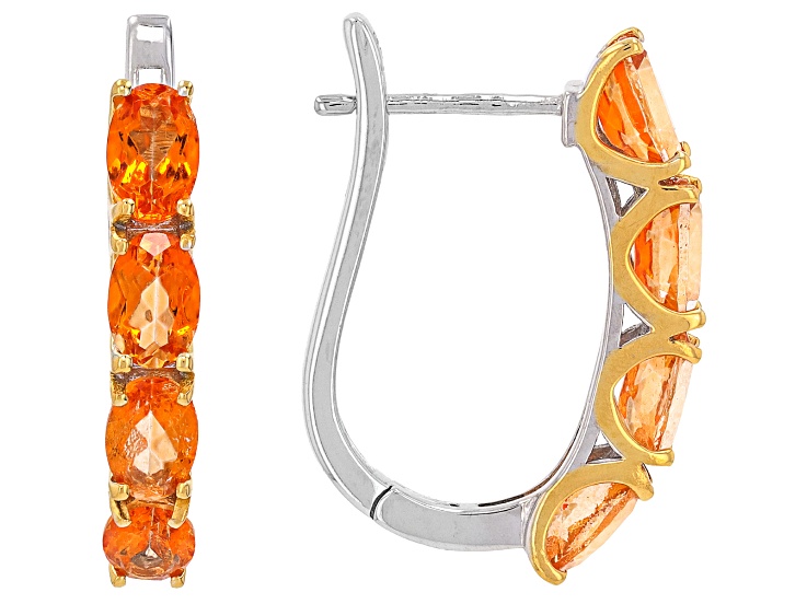 Mandarin Orange Topaz Rhodium and 18K Yellow Gold Over Sterling Silver Hoop Earrings 4.32ctw