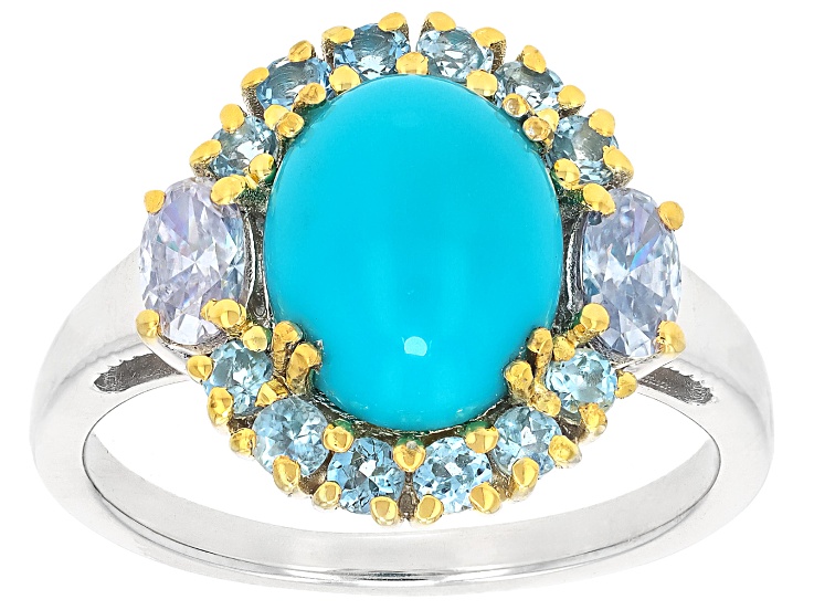 Blue Sleeping Beauty Turquoise Rhodium & 18K Yellow Gold Over Sterling Silver Halo Ring 0.70ctw