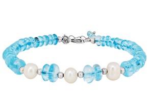 Sky Blue Topaz with Cultured Freshwater Pearl Rhodium Over Sterling Silver Bracelet