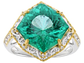 Emerald Glow Topaz with White Zircon Rhodium and 18K Yellow Gold Over Silver Ring 5.28ctw