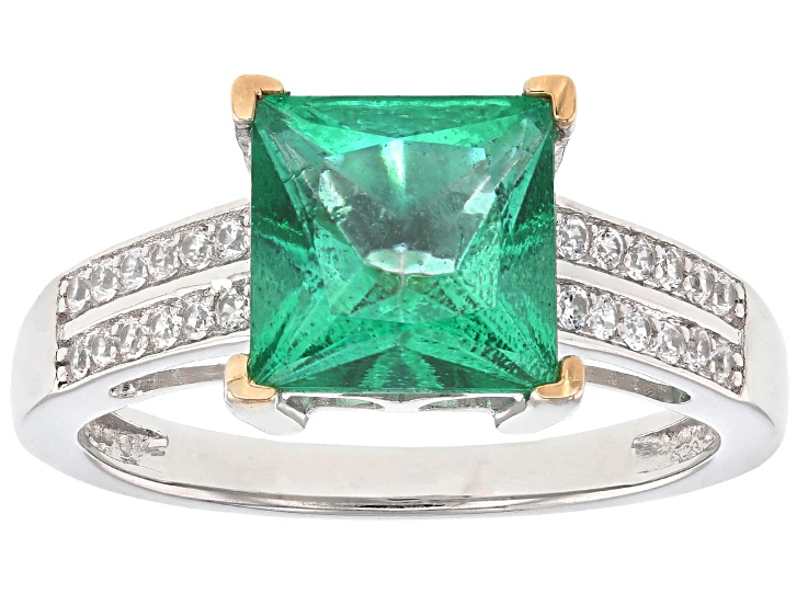 Emerald Glow Topaz with White Zircon Rhodium Over Sterling Silver