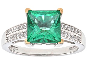 Emerald Glow Topaz with White Zircon Rhodium Over Sterling Silver Two-Tone Ring 2.89ctw