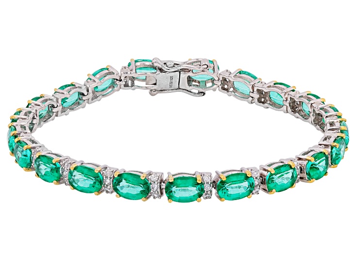 Emerald Glow Topaz with White Zircon Rhodium & 18K Yellow Gold Over Silver Tennis Bracelet 19.66ctw