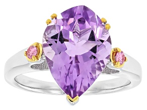 Lavender Amethyst with Pink Moissanite Rhodium and 18K Yellow Gold Over Sterling Silver Ring 4.30ctw