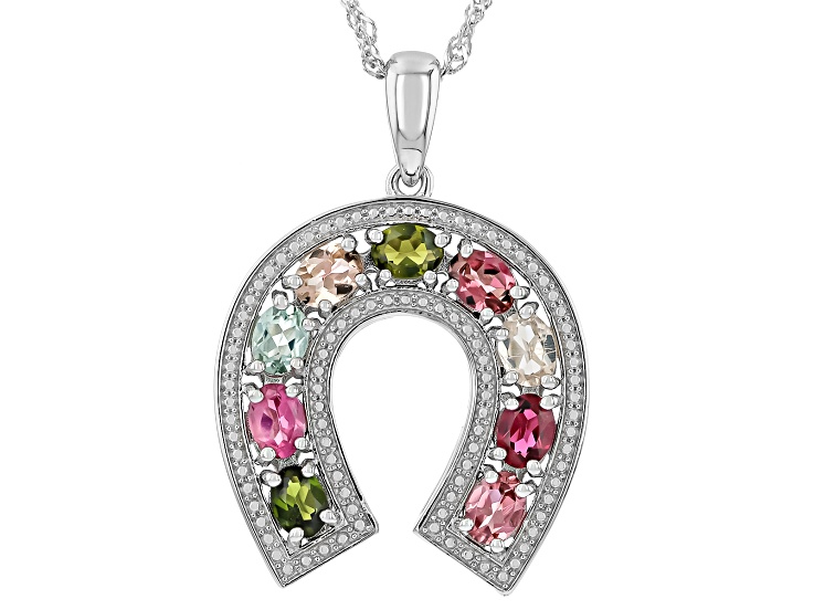 Multi-Color Tourmaline Rhodium Over Sterling Silver Two-Tone Horseshoe Pendant with Chain 1.53ctw