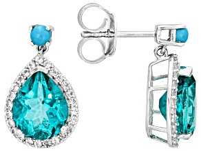 Blue Paraiba Color Topaz Rhodium Over Sterling Silver Halo Drop Earrings 4.67ctw
