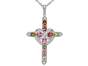 Multi Color Tourmaline with White Moissanite Rhodium Over Sterling Silver Pendant with Chain 1.19ctw