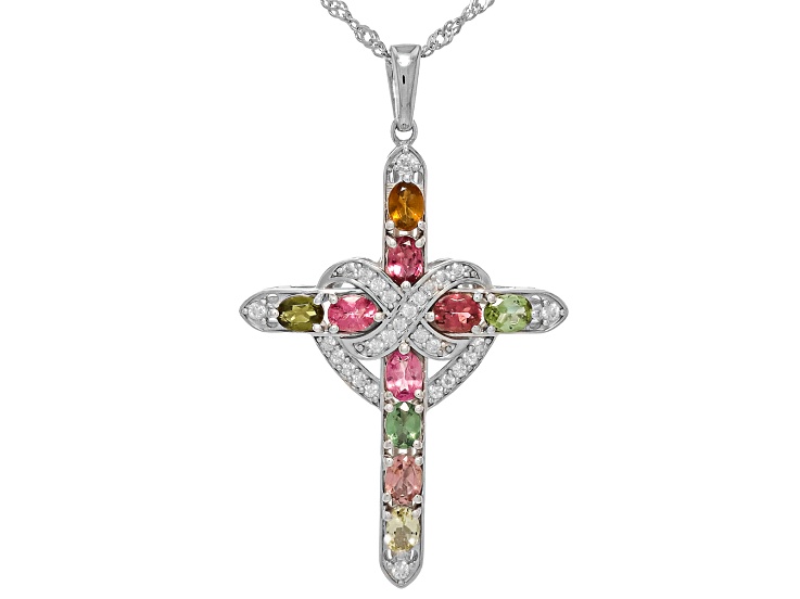 Multi Color Tourmaline with White Moissanite Rhodium Over Sterling Silver Pendant with Chain 1.19ctw