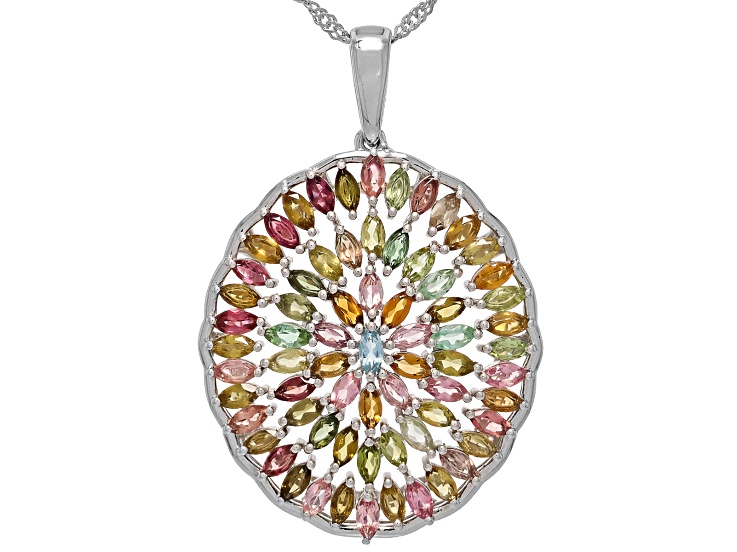 Multi Color Tourmaline Rhodium Over Sterling Silver Pendant with Chain 4.69ctw