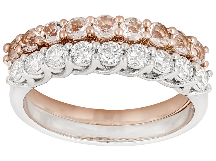 Peach Morganite Rhodium & 18K Rose Gold Over Silver Band Ring Set of 2. 1.07ctw