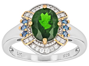 Green Chrome Diopside With Blue & White Moissanite Rhodium Over Silver Two-Tone Halo Ring 1.95ctw