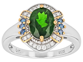 Picture of Green Chrome Diopside With Blue & White Moissanite Rhodium Over Silver Two-Tone Halo Ring 1.95ctw
