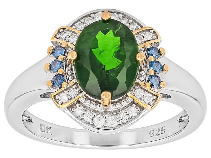 Green Chrome Diopside With Blue & White Moissanite Rhodium Over Silver Two-Tone Halo Ring 1.95ctw
