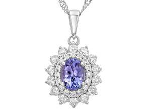 Blue Tanzanite with White Moissanite Platinum Over Sterling Silver Pendant with Chain 1.86ctw