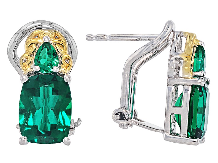 Lab Created Emerald Rhodium and 18K Yellow Gold Over Sterling Silver Earrings 2.48ctw