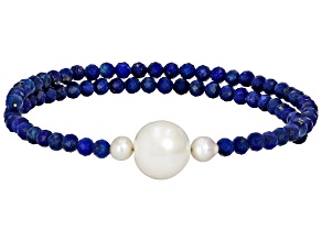 Lapis Lazuli with Fresh Water Pearl Stainless Steel Adjustable Bangle