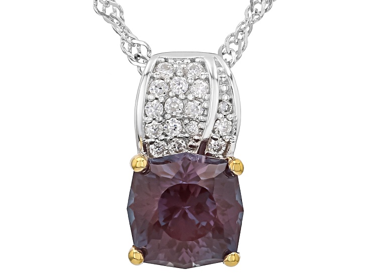 Blue Glitter Mine Cut Lab Alexandrite Rhodium Over Silver Two-Tone Pendant with Chain 3.06ctw