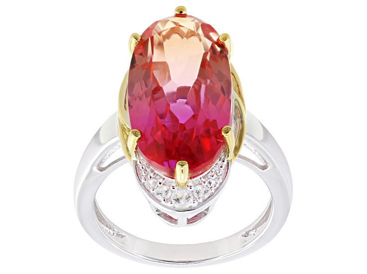 Bi-Color Sunset Quartz Doublet with Zircon Rhodium Over Sterling Silver Two Tone Ring 7.83ctw
