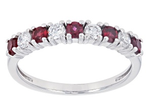 Red Anthill Garnet With White Lab Grown Diamond Rhodium Over Sterling Silver Band Ring 0.58ctw